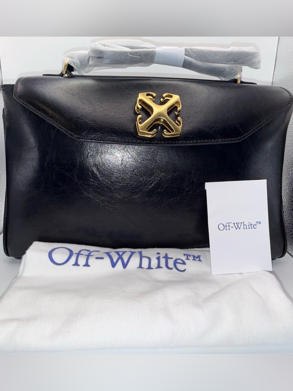 Off-White Black Leather Satchel with Gold Logo Accent